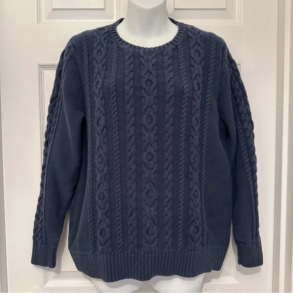 L.L.Bean Women’s XL Navy Blue Double L Cable Knit Sweater 100% Cotton Fisherman - Picture 1 of 14